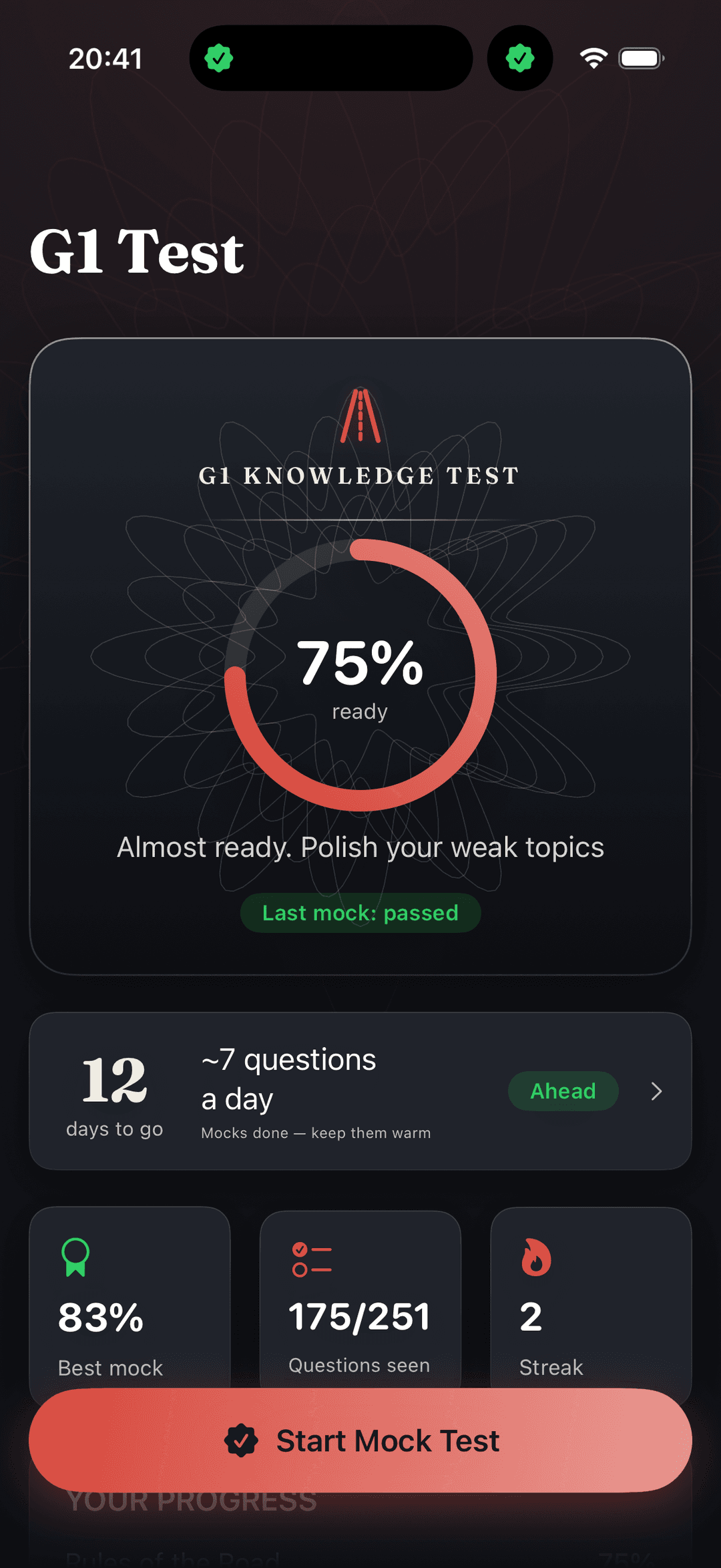 G1 Knowledge Test home screen